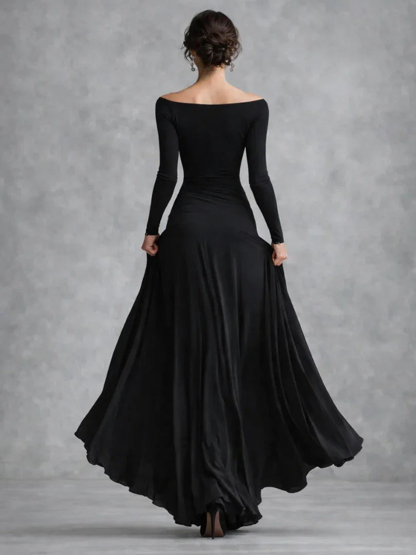 Women's off-shoulder long sleeve maxi evening gown. Elegant formal wear for special occasions. Floor-length.