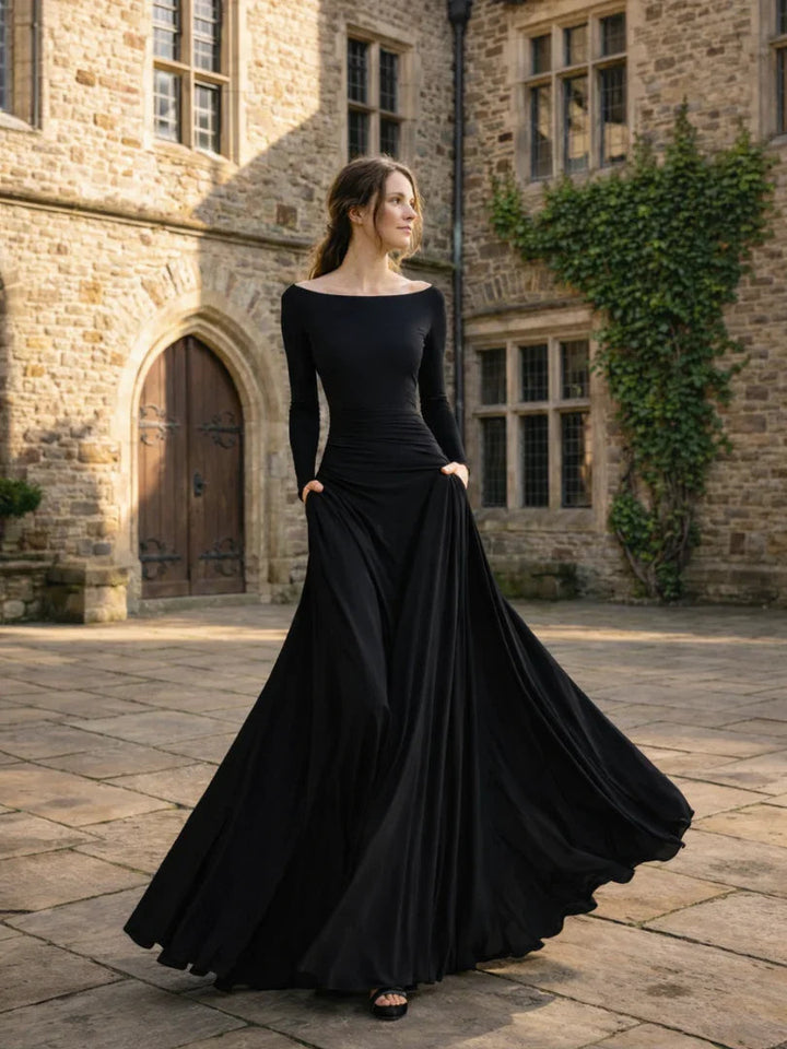 Stylish women's off-shoulder long sleeve maxi evening dress, perfect for formal events & galas.