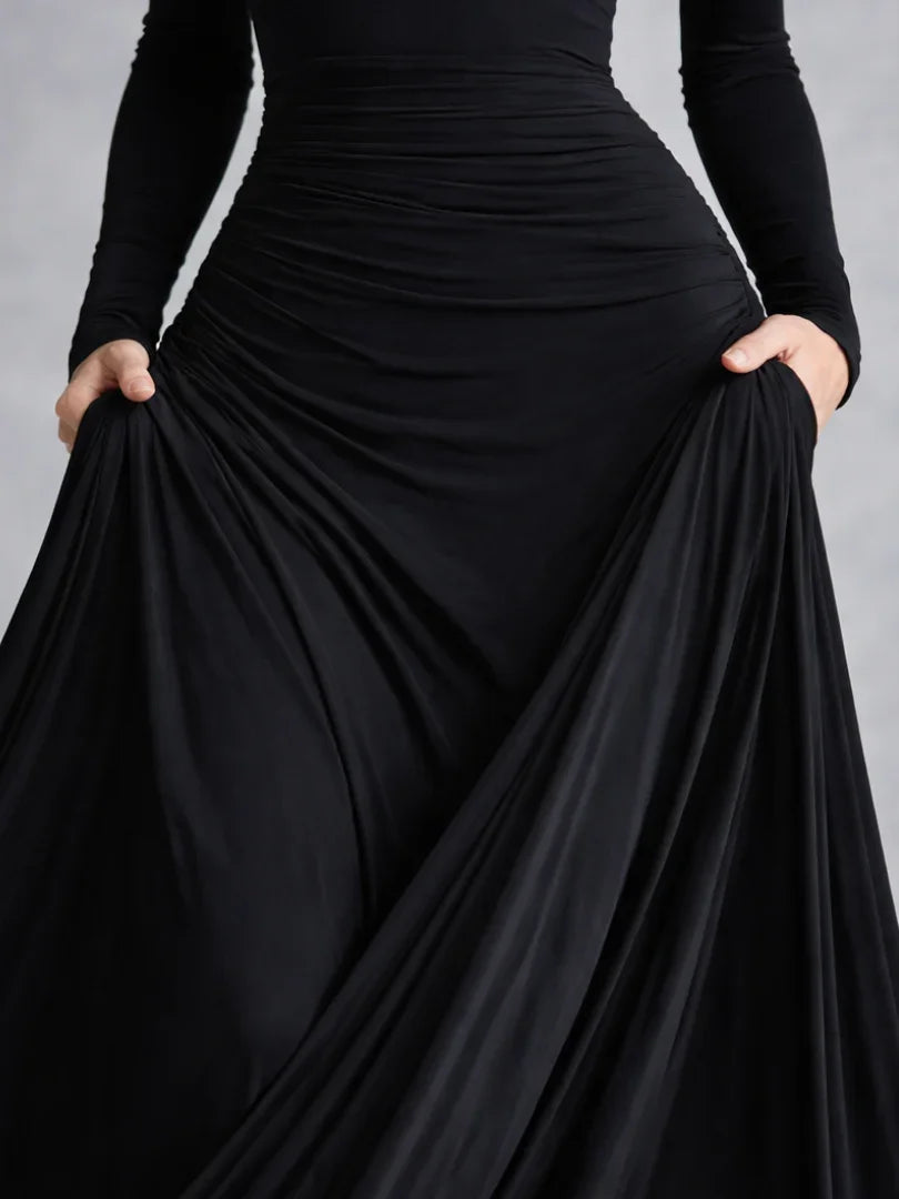 Women's long sleeve off-shoulder maxi evening dress. Ideal formal wear for evening parties & events.