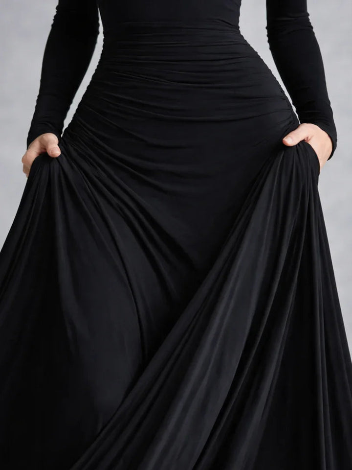 Women's long sleeve off-shoulder maxi evening dress. Ideal formal wear for evening parties & events.