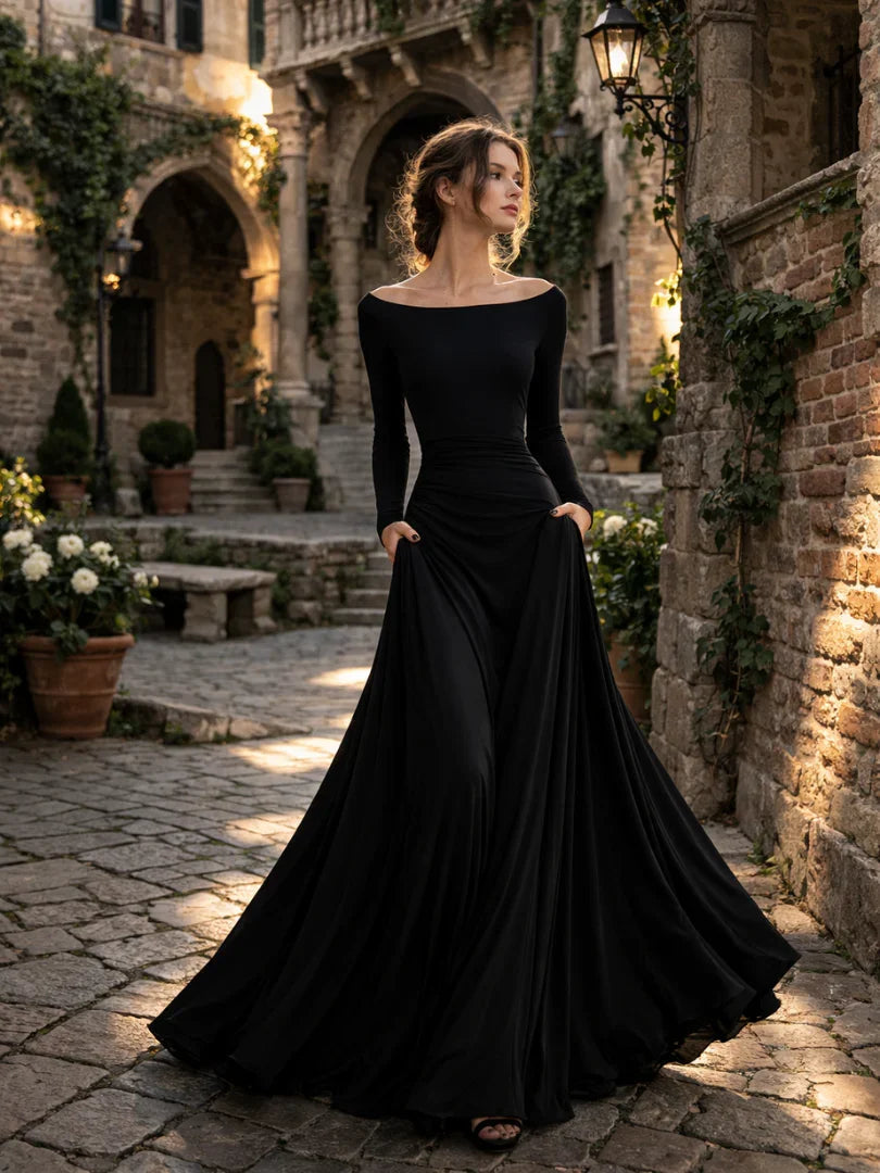 Elegant women's off-shoulder long sleeve maxi evening dress. Sophisticated formal wear for special occasions.
