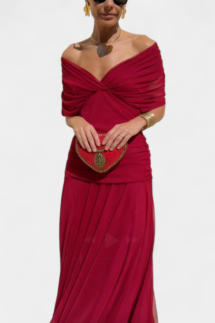 Luxurious women's off-shoulder maxi dress, an elegant long gown for formal events and special occasions.