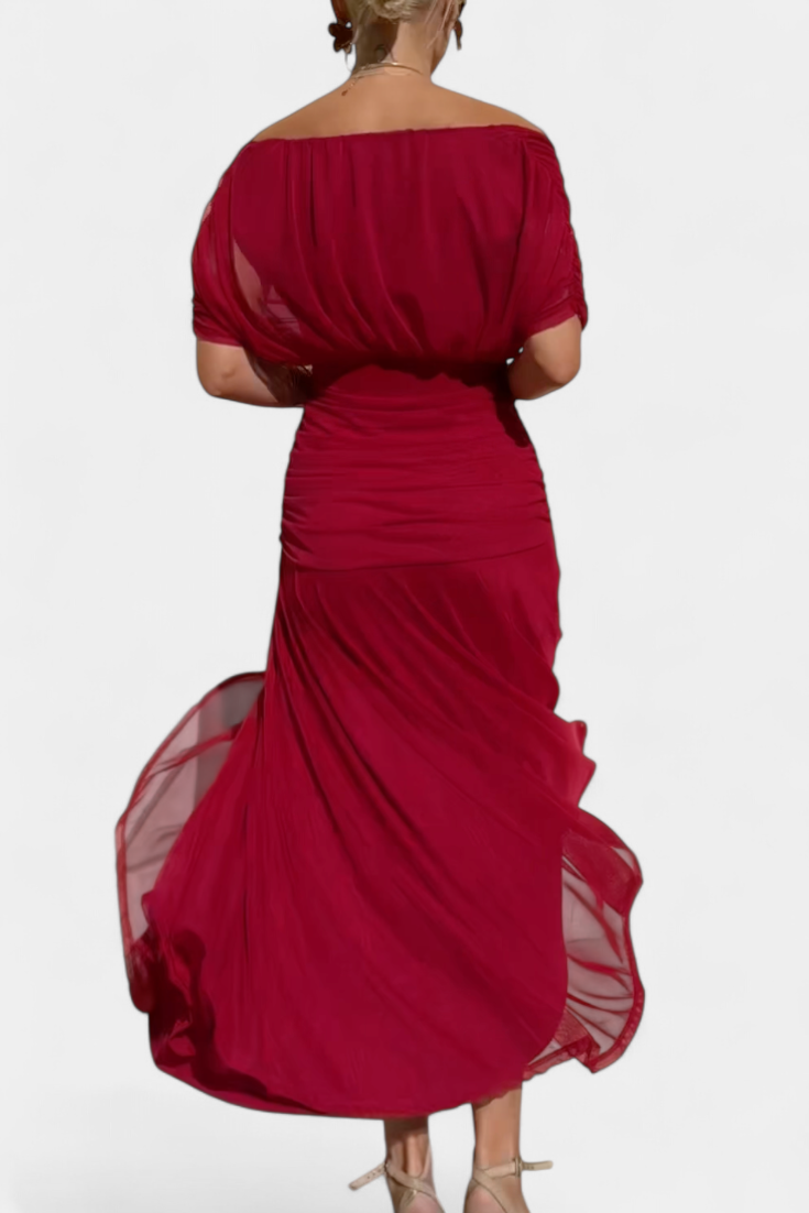 Stunning women's off-shoulder formal maxi dress, an elegant choice for evening parties & special occasions.