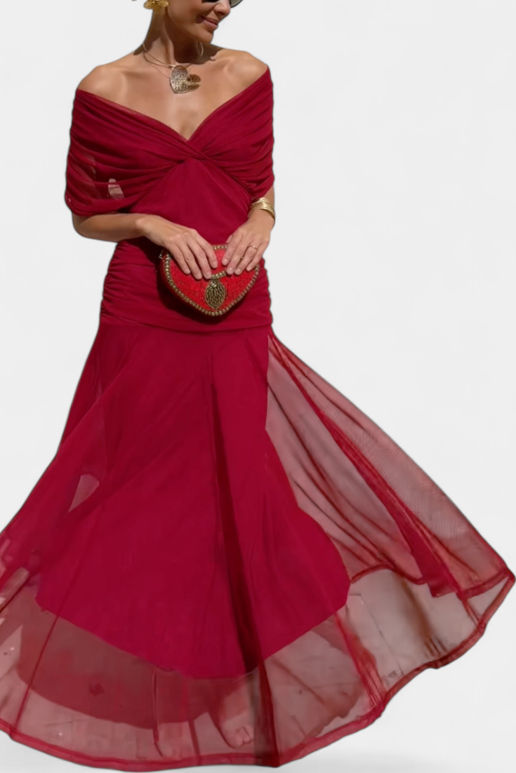 Flowy off-shoulder women's maxi dress, an elegant long gown ideal for formal events & special occasion parties.