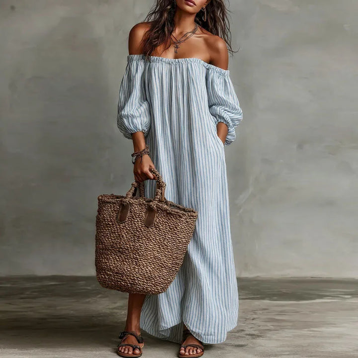 Elegant women's off-shoulder maxi dress with puff sleeves and pockets, ideal for summer events.