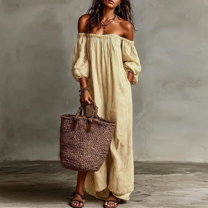 Versatile women's off-shoulder maxi dress; elegant for parties, casual for summer vacation.