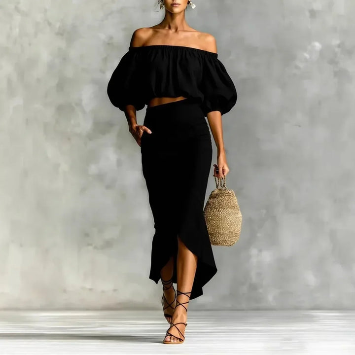 Coordinated women's elegant off-shoulder puff sleeve crop top and midi wrap skirt set for brunch.