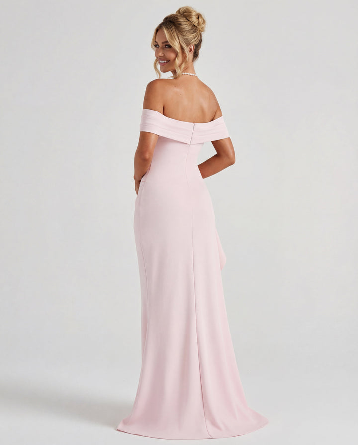 Sophisticated off-shoulder ruched maxi dress, ideal for gala, formal evening, or cocktail party.