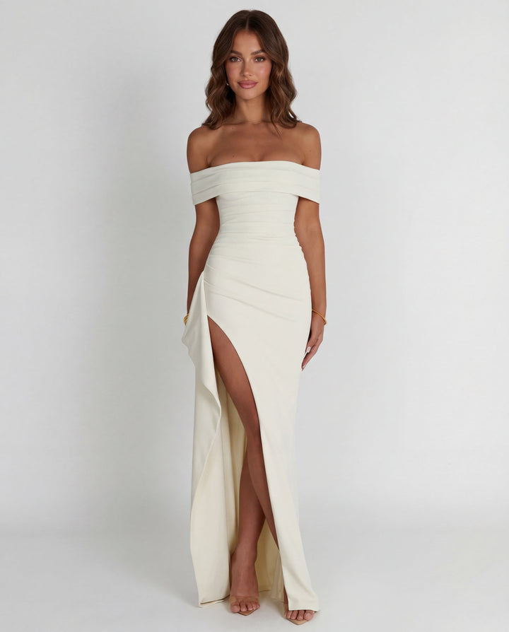 Stunning elegant off-shoulder ruched long dress for women, suitable for special occasions.