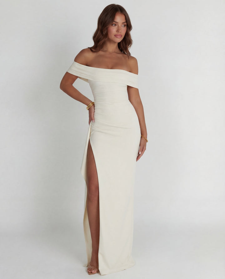 Women's formal off-shoulder ruched evening gown, a beautiful maxi dress for special events.