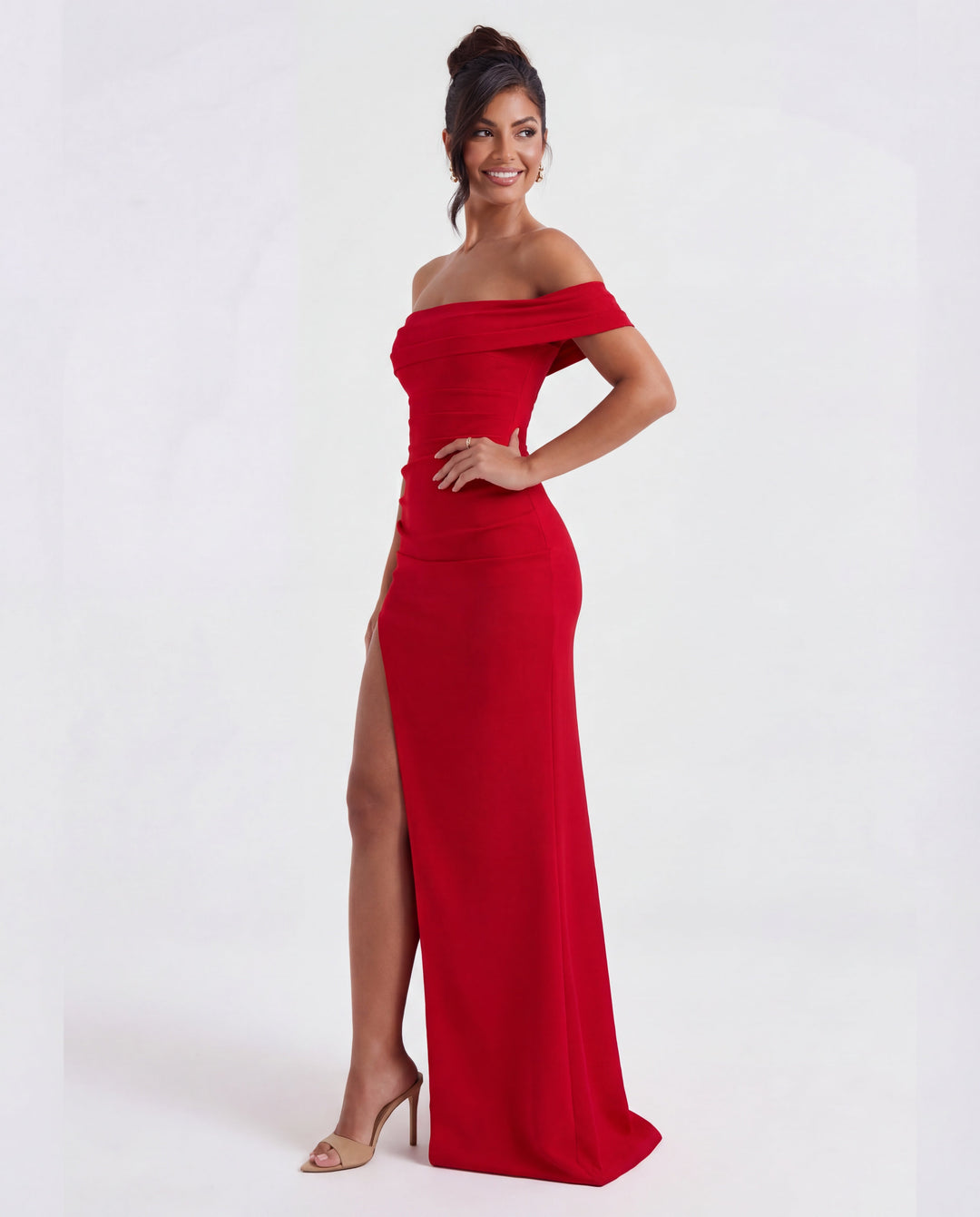 Chic off-shoulder ruched bodycon maxi dress, an elegant women's party gown for evening.