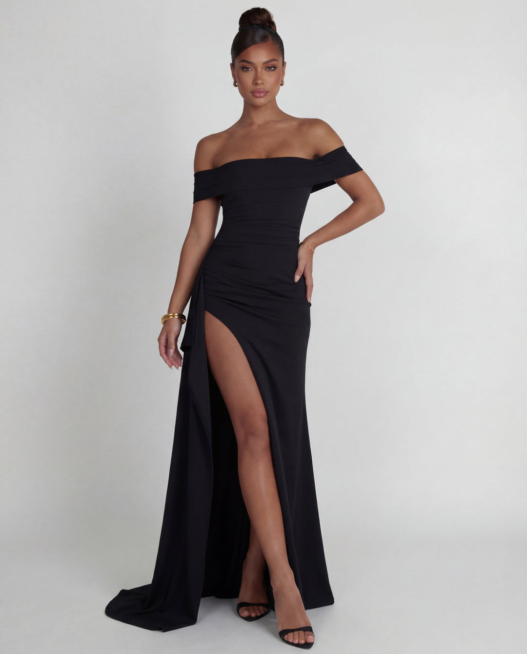 Beautiful women's off-shoulder ruched maxi dress, perfect as an elegant evening or cocktail gown.