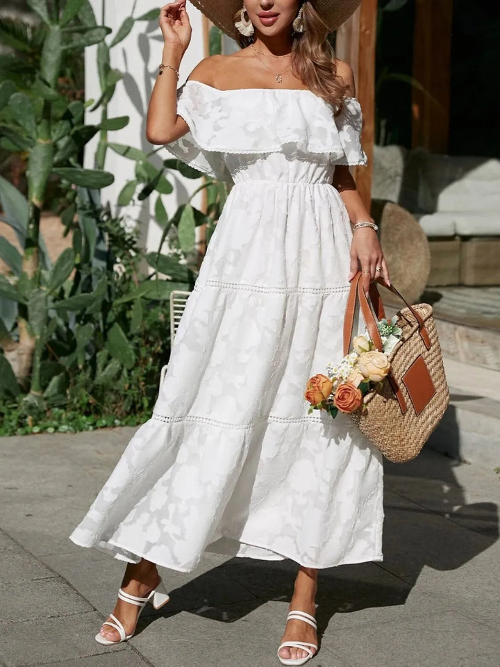 Elegant women's off shoulder ruffle tiered maxi dress for wedding guests.