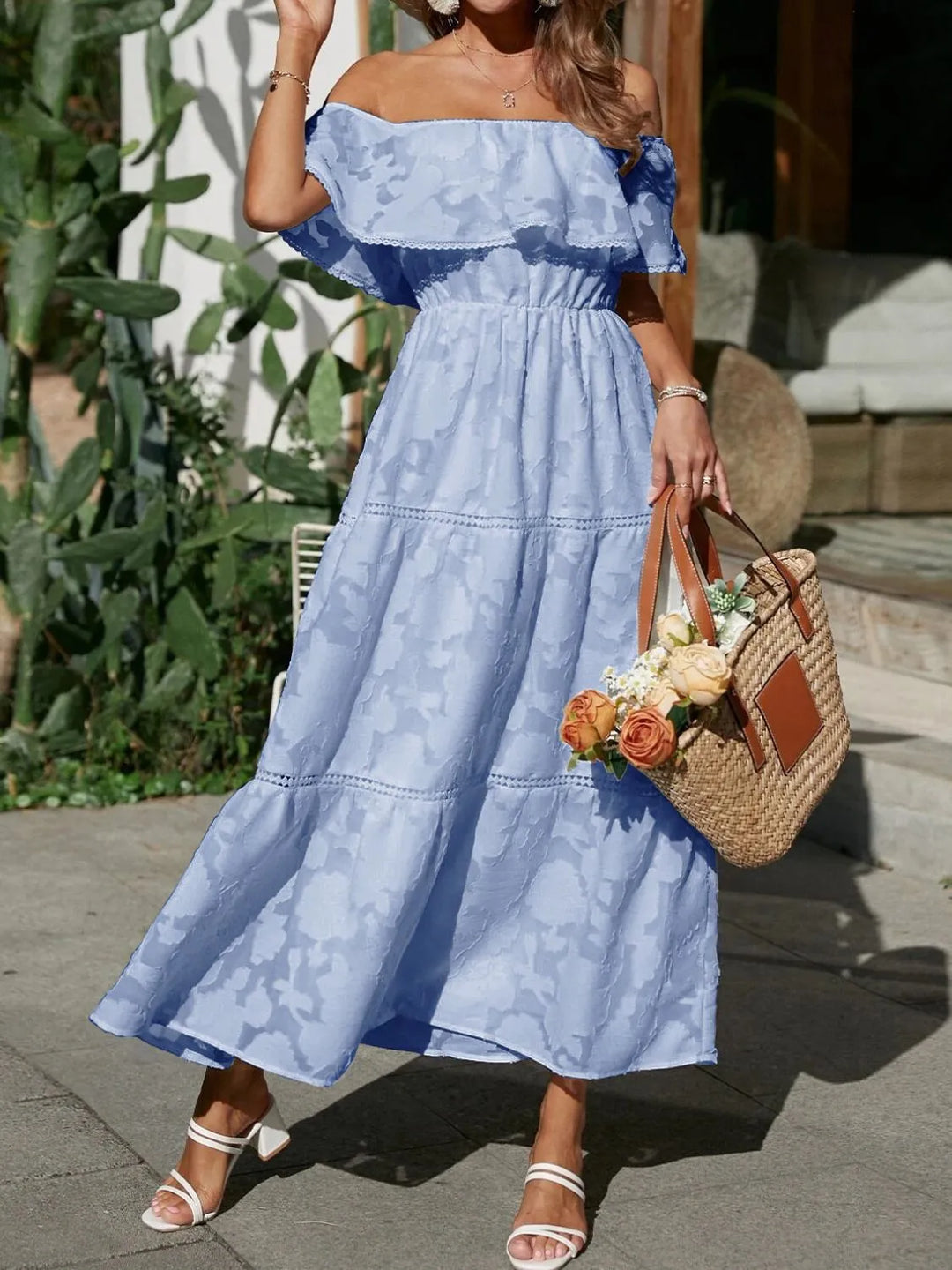 Formal women's off shoulder maxi dress with a tiered ruffle design for elegant events.