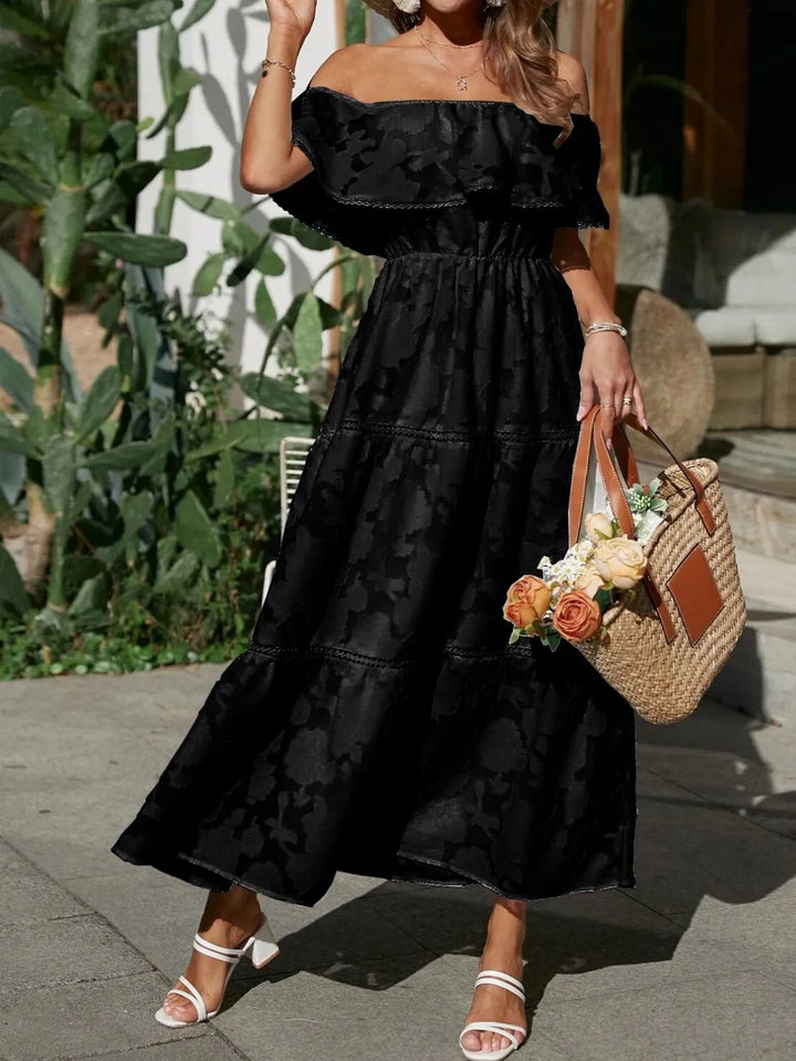 Gorgeous off shoulder ruffle tiered maxi dress, a statement piece for any formal event.