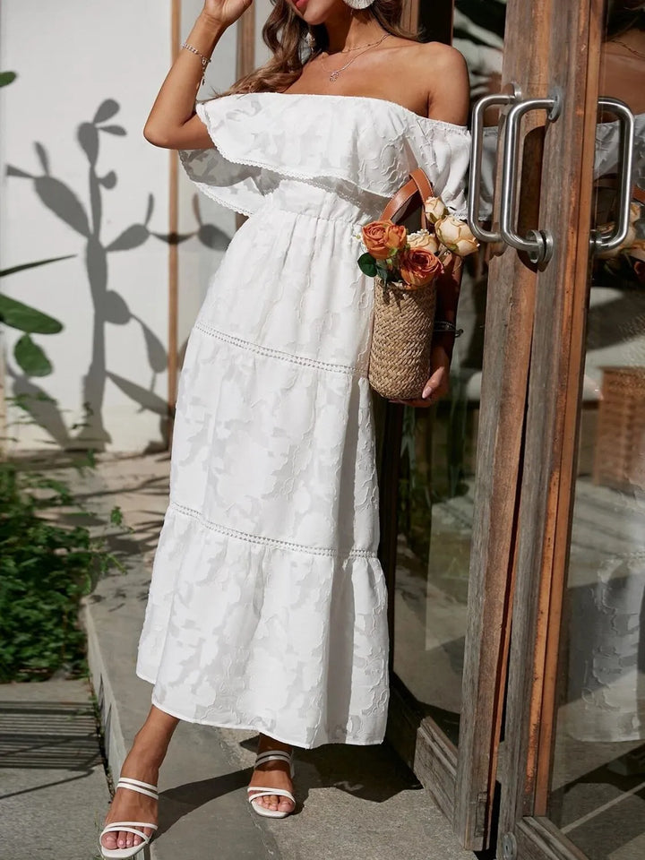 Stylish off shoulder ruffle tiered maxi dress, ideal for summer parties and formal occasions.