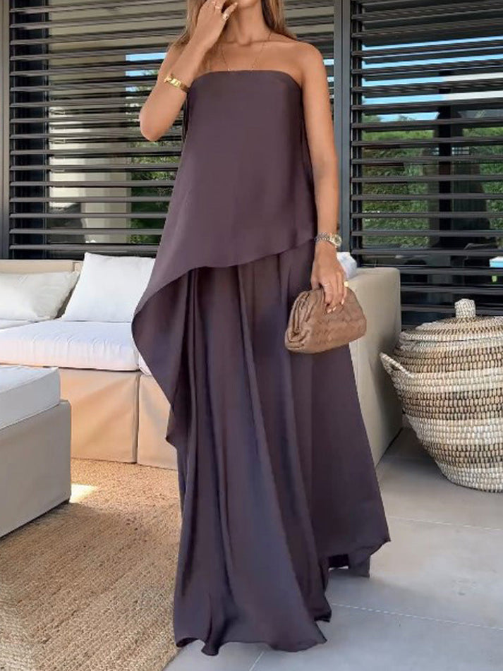 Elegant women's off-shoulder top & maxi skirt two-piece set, perfect for summer chic and versatile fashion.