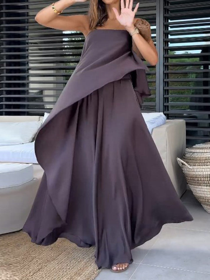 Stylish two-piece women's off-shoulder top and flowy maxi skirt matching set for spring/summer outfits.