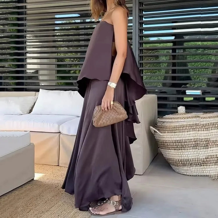 Trendy women's off-shoulder top & maxi skirt matching set, perfect for elegant spring & summer style.