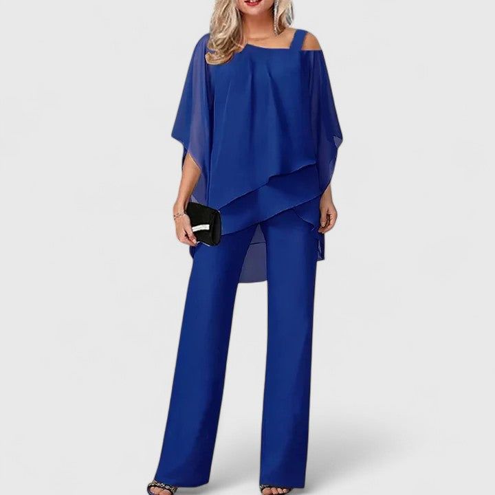 Chic women's two piece set: off shoulder top & wide leg pants, ideal for evening wear, parties, or as a wedding guest outfit.