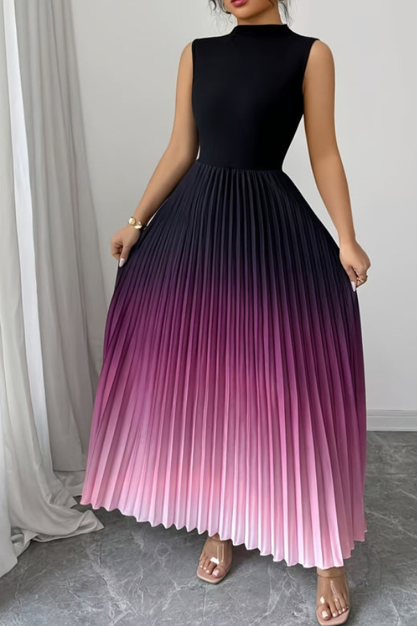 Elegant women's ombre halter keyhole maxi dress with flowing pleated skirt for special occasions.