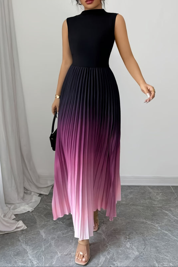 Women's elegant ombre halter keyhole maxi dress, a perfect pleated evening gown for formal or special occasions.