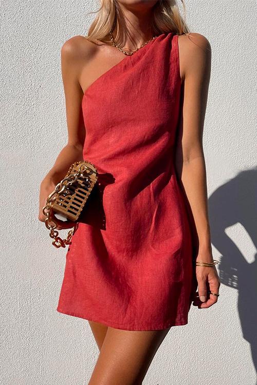 Elegant women's one-shoulder draped mini dress in [color], perfect for parties, vacations, or chic summer wear.