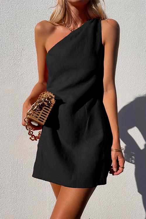 Chic women's one-shoulder sleeveless draped mini dress, ideal for casual outings & stylish summer fashion.