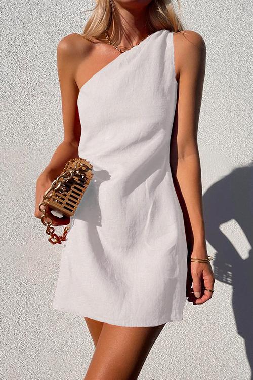 Stylish women's one-shoulder shift mini dress with elegant draping, a versatile option for parties & events.