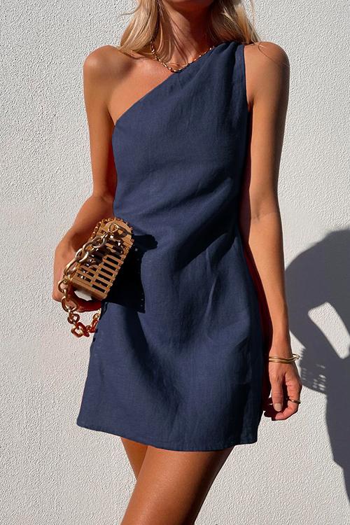Fashionable women's one-shoulder mini dress with delicate drape detail, great for summer casual & evenings.