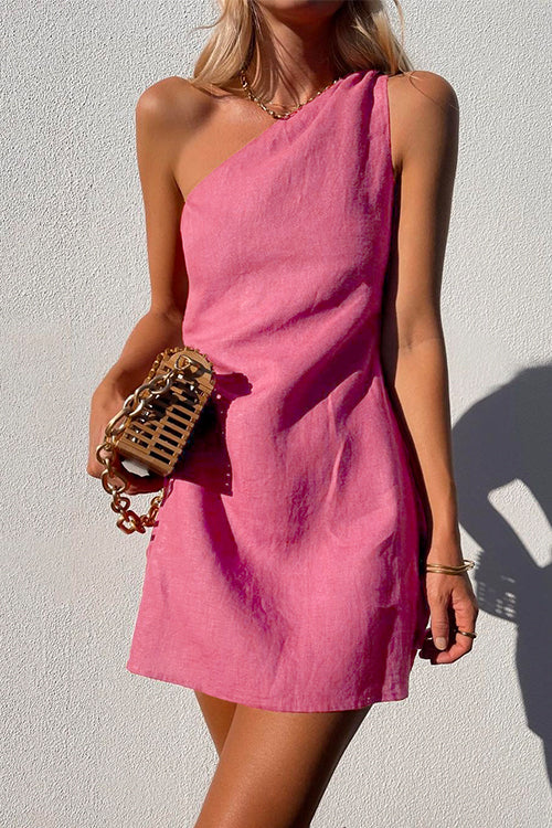 Gorgeous one-shoulder draped mini dress for women, a sleeveless choice for elegant parties & vacation wear.