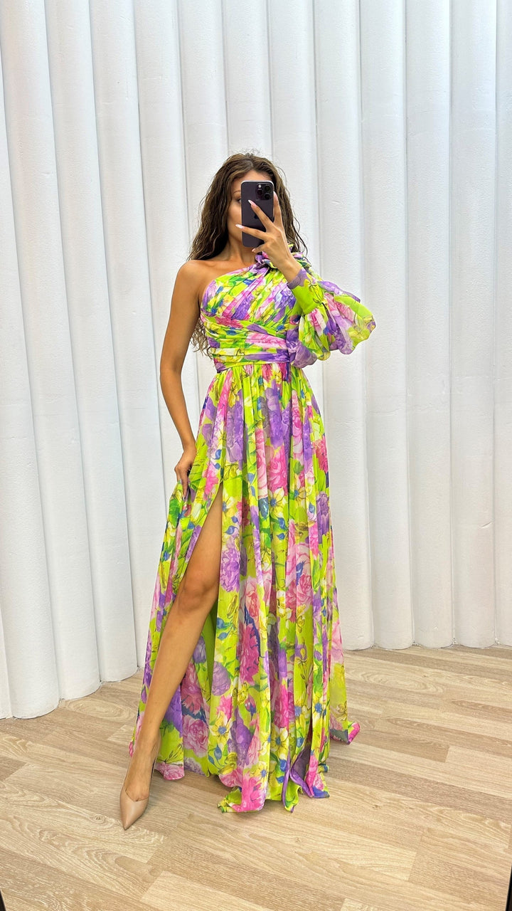 Stylish women's one-shoulder flowy maxi dress, offering comfort and a flattering silhouette for any occasion.