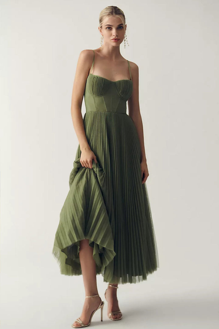 Elegant women's one-shoulder midi wedding guest dress with flowing pleated tulle skirt, perfect for formal occasions.