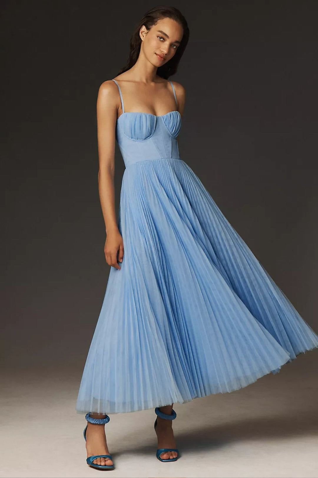 Flowy one-shoulder pleated tulle midi dress for wedding guests, cocktail parties, and special evening wear.