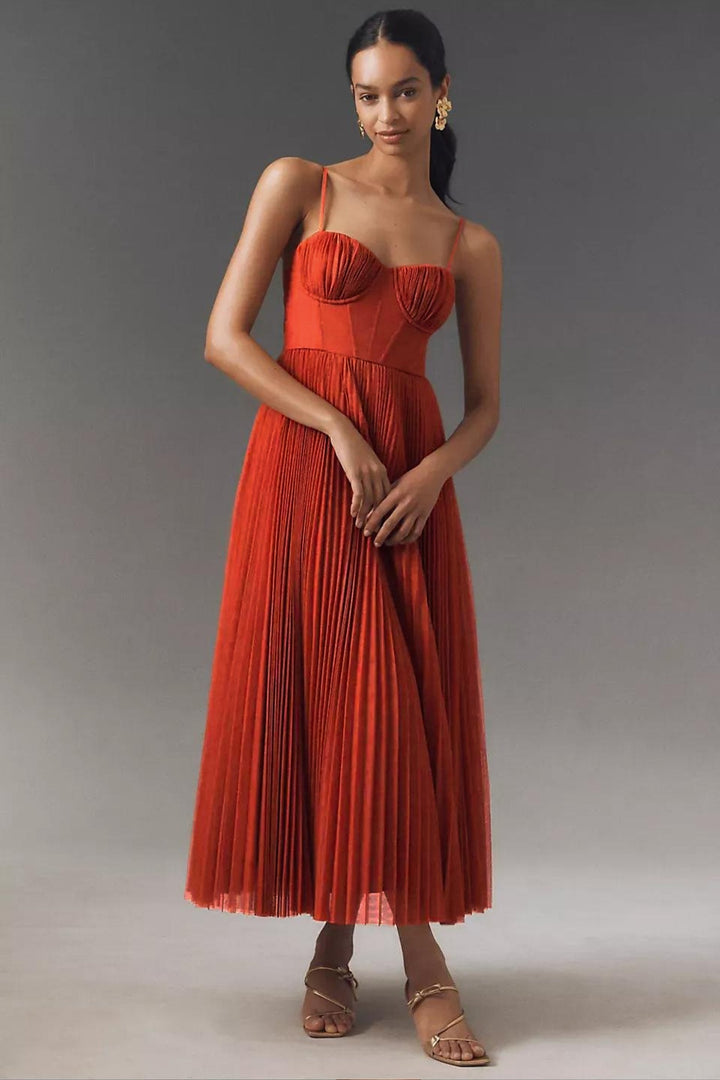 Sophisticated one-shoulder pleated tulle midi formal dress, elegant and flowing for special occasion wear.