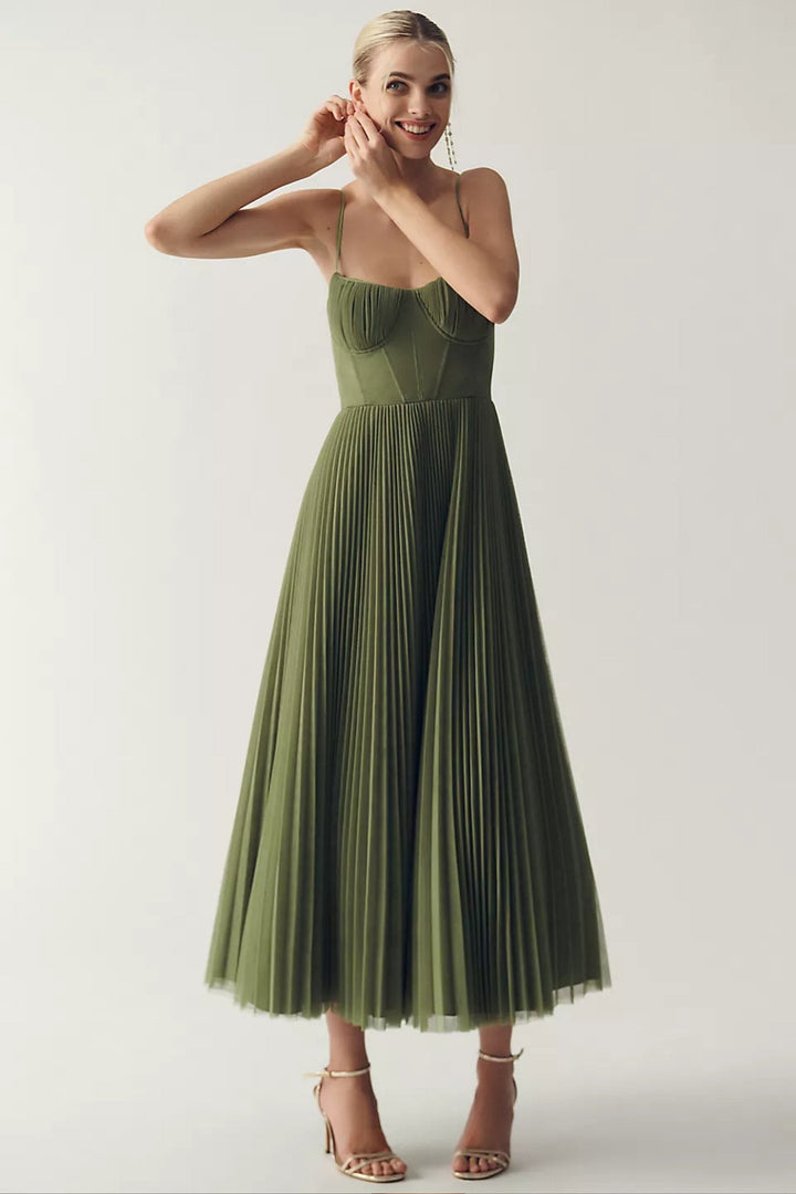 Chic one-shoulder midi formal gown with a flowing pleated tulle skirt, ideal for elegant cocktail parties.