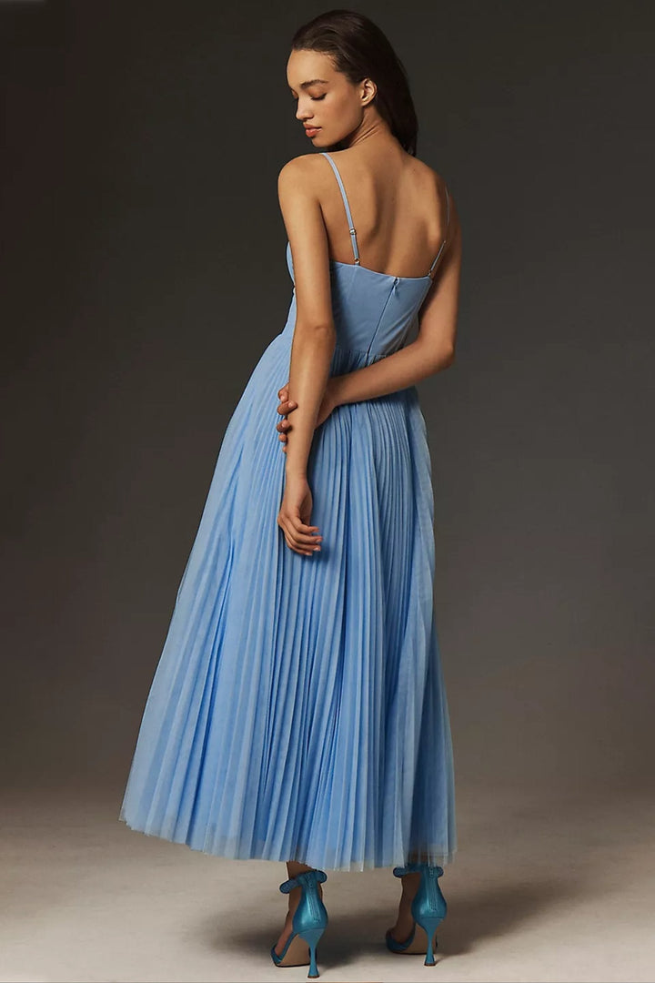 Beautiful women's one-shoulder pleated tulle midi dress, a flowy and elegant choice for wedding guests.