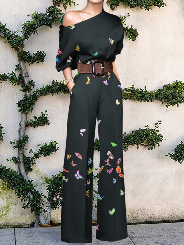 Stylish women's one-shoulder wide leg printed jumpsuit, ideal for vacation, resort wear, and casual chic.