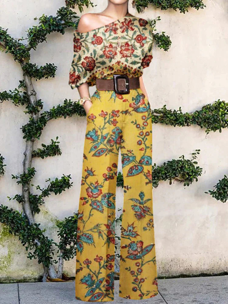 Versatile women's one-shoulder wide leg printed jumpsuit for elegant parties, resort, and summer fashion.