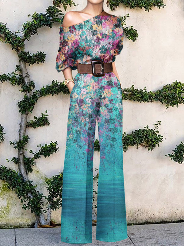 Sophisticated women's one-shoulder printed wide leg jumpsuit. A stylish statement for elegant occasions.