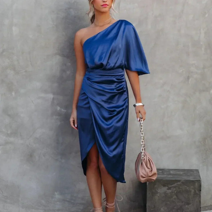 Elegant women's one-shoulder ruched midi dress, perfect for evening occasions, cocktail parties, or formal events.