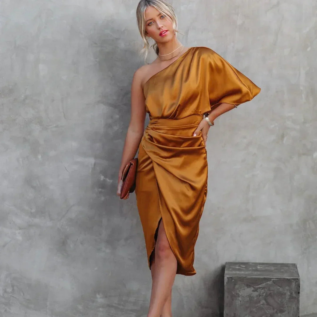 Stylish women's black one-shoulder ruched midi dress, ideal for sophisticated evening wear and formal gatherings.