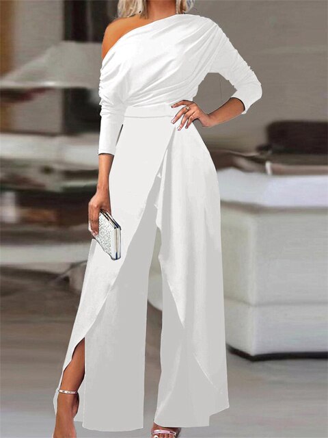 Elegant women's one-shoulder ruched wide-leg jumpsuit, perfect for formal events, cocktails & evening wear.