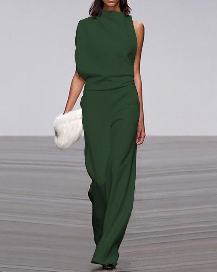 Sophisticated women's one-shoulder jumpsuit with wide legs for evening events & formal parties.