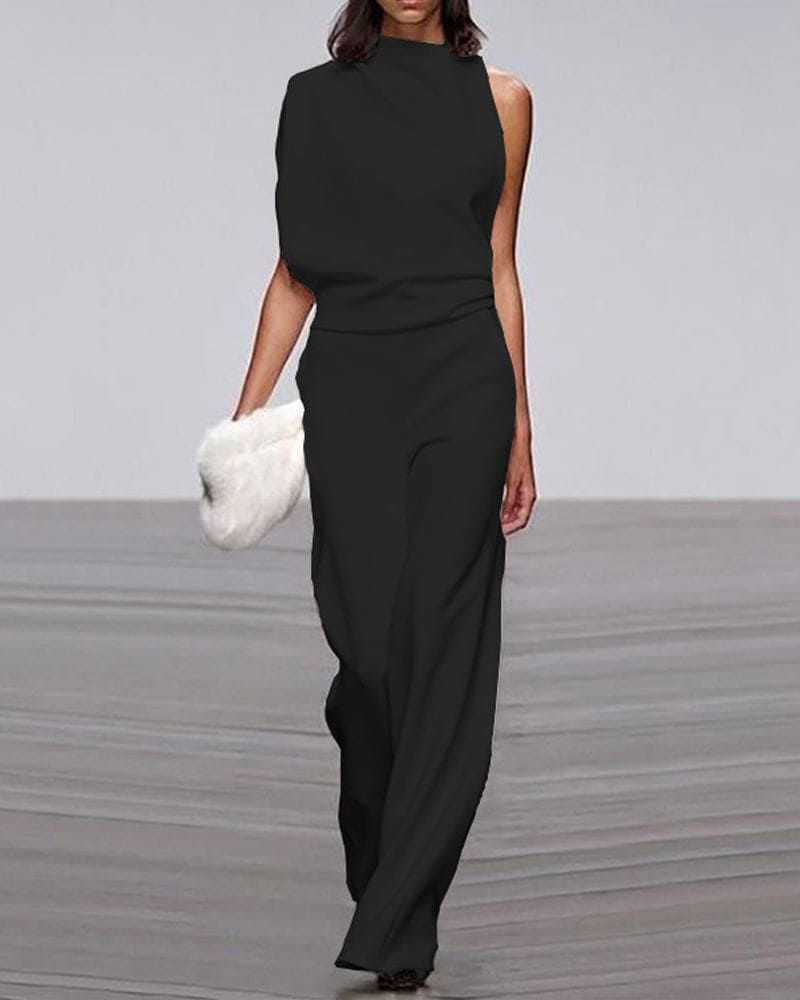 Stylish one-shoulder wide-leg jumpsuit. Perfect for women's elegant formalwear, evening parties & special occasions.