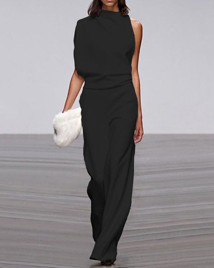 Stylish one-shoulder wide-leg jumpsuit. Perfect for women's elegant formalwear, evening parties & special occasions.