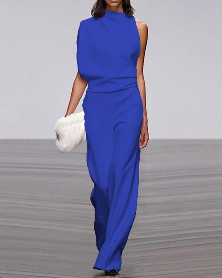 Chic women's one-shoulder wide-leg evening jumpsuit, a modern formal party outfit statement piece.