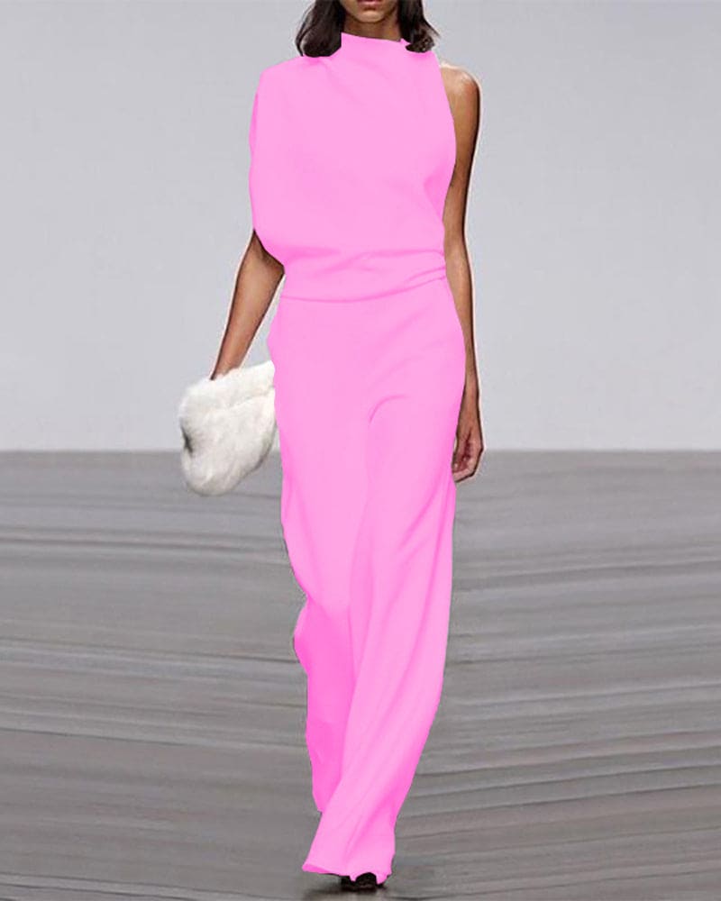 Formal women's evening jumpsuit featuring a single shoulder and flowing wide-leg pants. Elegant special occasion wear.