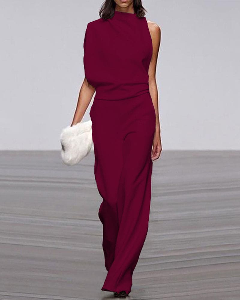 Glamorous women's one-shoulder wide-leg jumpsuit, ideal for evening galas, formal events, and elegant parties.