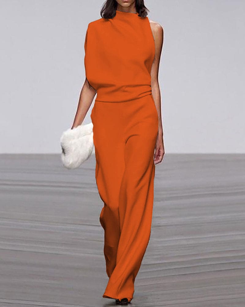 Sleek one-shoulder wide-leg jumpsuit for women. A chic evening outfit, ideal for formal parties & special events.